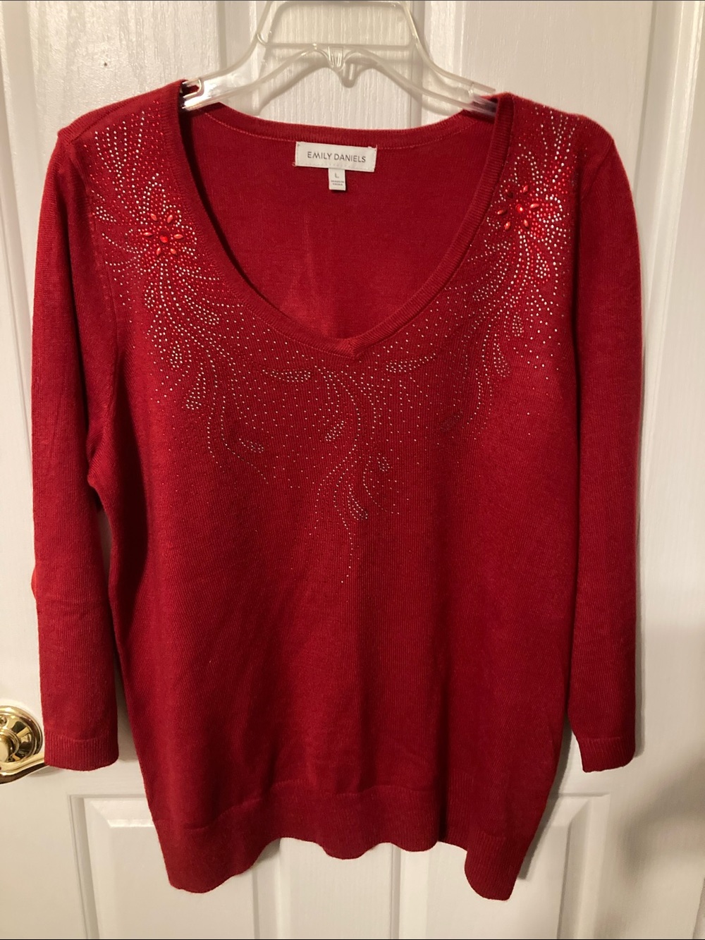 50% off in 3+ bundle, Emily Daniels Red V-Neck Embellished Women's Sweater